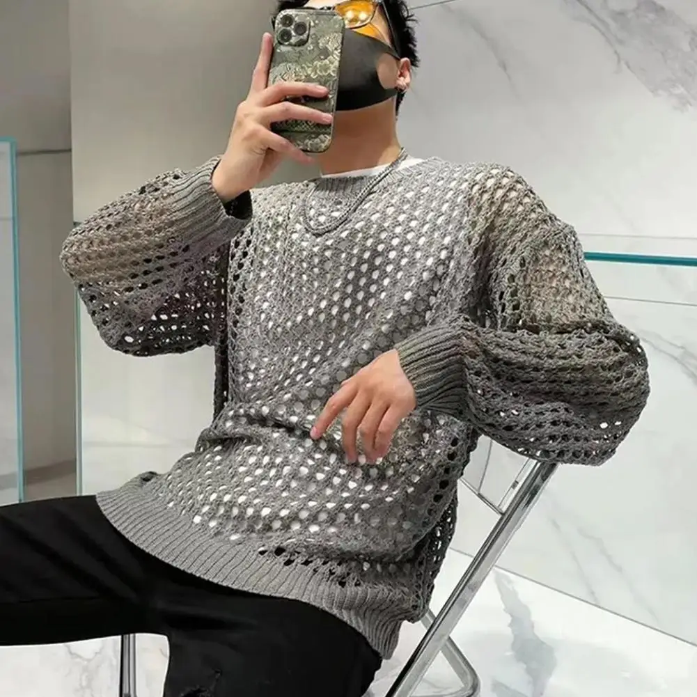 

Men Hollow Out Top Men's Fishnet Hollow Out Knitted Sweater Hip Hop Streetwear Pullover Top for Spring Fall Loose Fit for Men