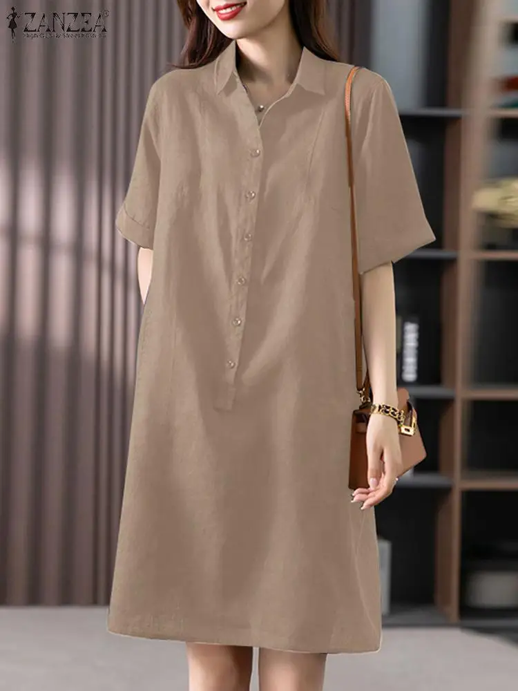 

2023 ZANZEA Women Vintage Shirt Dress Summer Short Sleeve Lapel Neck Sundress Casual Loose Knee-length Vestido Femme Work Robe