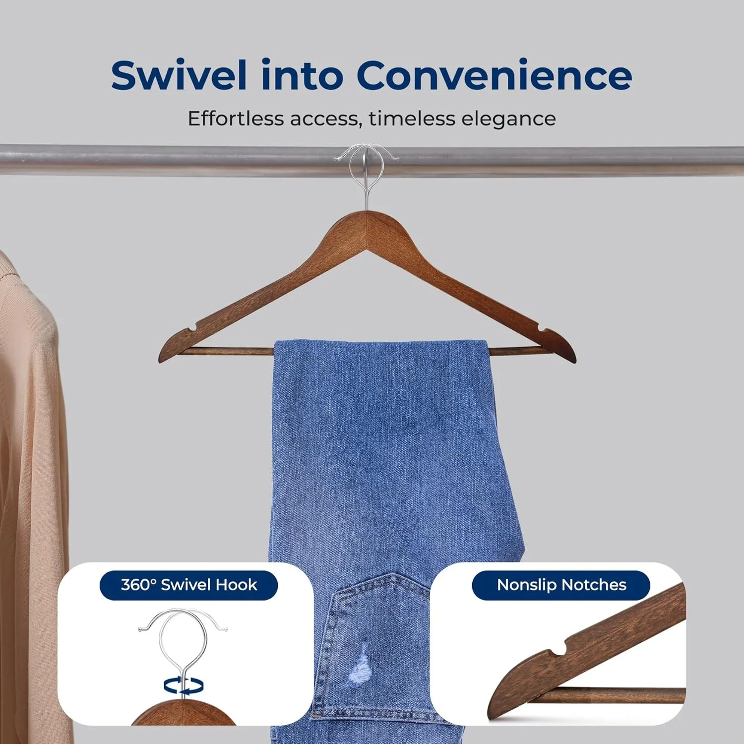 80-Pack Wooden Coat Hangers &ndash; Durable Suit Hangers with 360&deg; Swivel Hook & Notches &ndash; Slim Design for Shirts, Jackets, Dresses