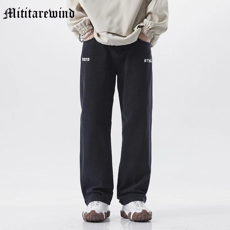 

Full Length Embroidery Letter Jeans For Men Vintage Simple Loose Denim Pants High Street Y2k Fashion Casual Trousers Hip Hop