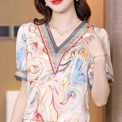 Elegant Satin V - Neck Print Women's Summer Top - XXL (Image color)