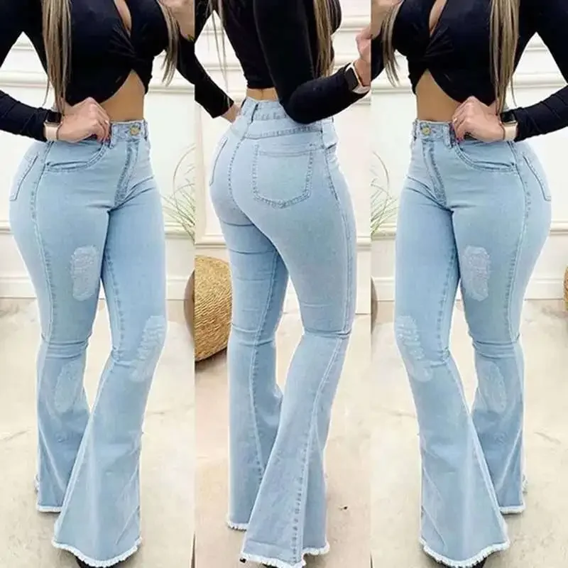 Women Denim Jeans High Waist Stretch Baggy Pants Ripped Sexy Elegant Woman Wide Leg Flare Pants Jean Femme Trousers Pantalon