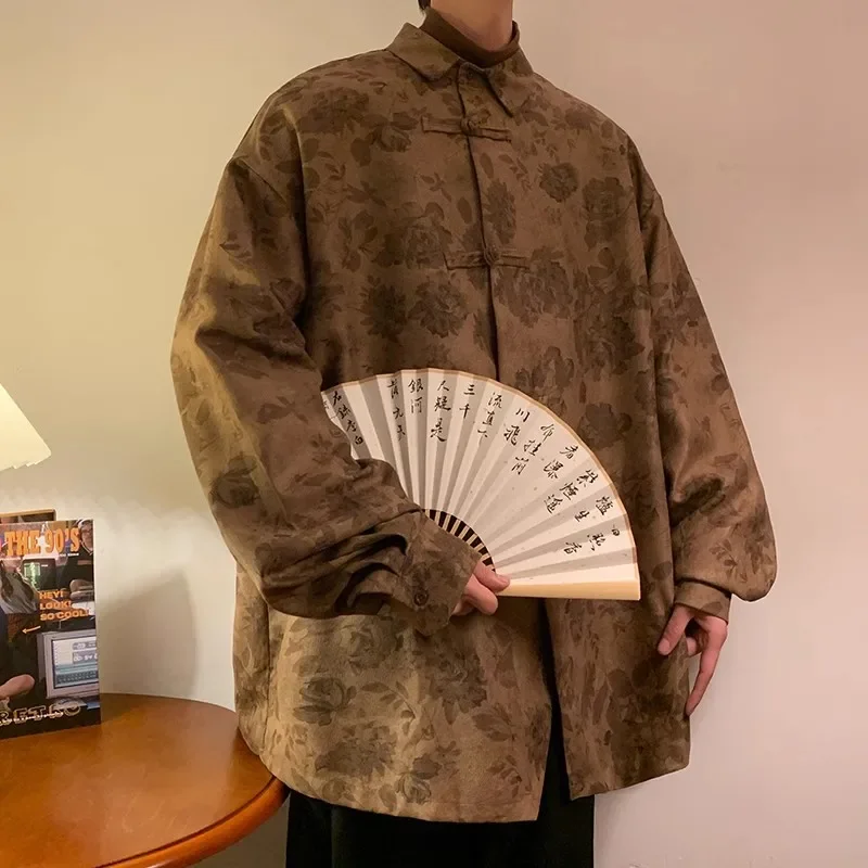 

New Chinese Style Dark Patterned Shirt Trend Men's Autumn New Jacquard Lapel Top Long Sleeved Men's Clothing