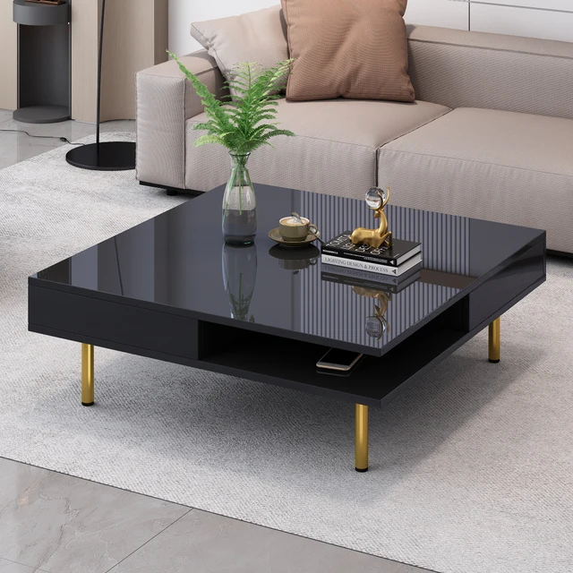 2435-e55020.jpg ON-TREND Exquisite High Gloss Coffee Table 4 Golden Legs and 2 Small Drawers 2-Tier Square Center Table for Living Room Black