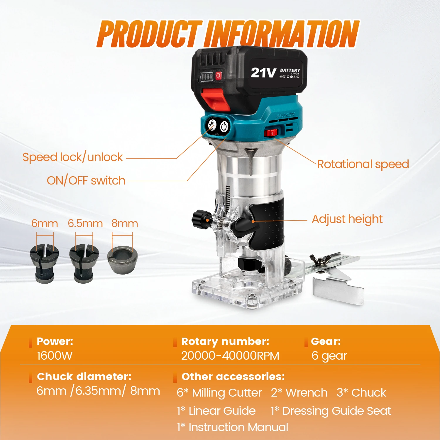 마키타 18V 배터리용 2 in 1 6단 브러시리스 전기 핸드 트리머 무선 목공 라우터 목공 조각 밀링 커터