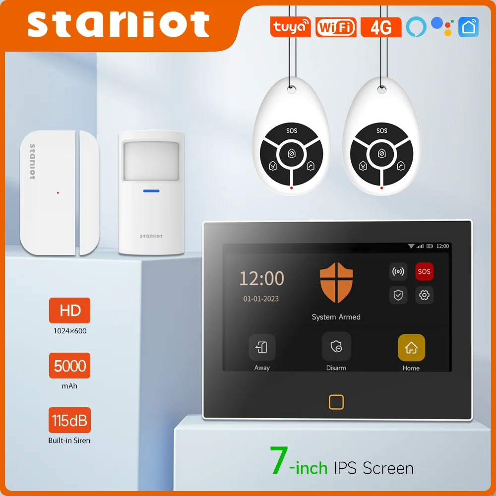 Security Alarm Host Burglar Alarm Sensor 7 inch Wireless Burglar Kit WiFi 4G Tuya Smart Home Security Alarm System Built-in Siren with 5-Year Door Window Sensor