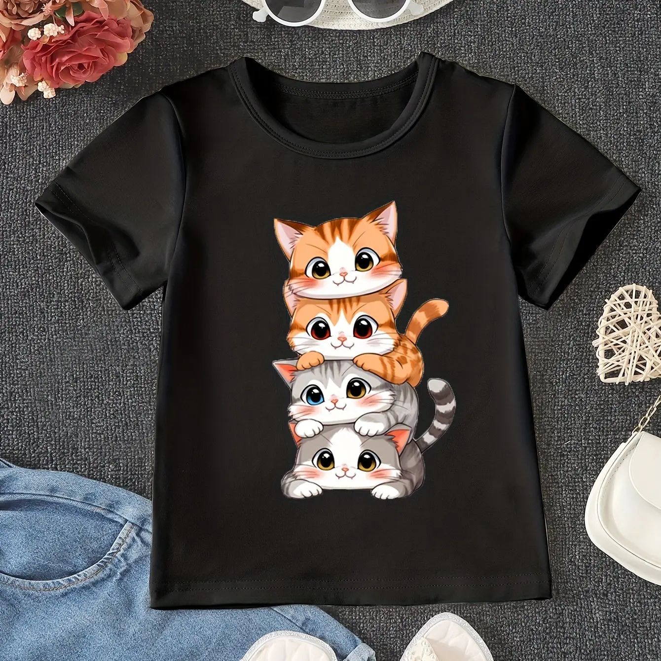 Cute Anime Cat Pattern Printed Girls Cotton T-Shirt Summer Kids Short Sleeve T-Shirt Pajamas Comfortable Soft Fabrics 4