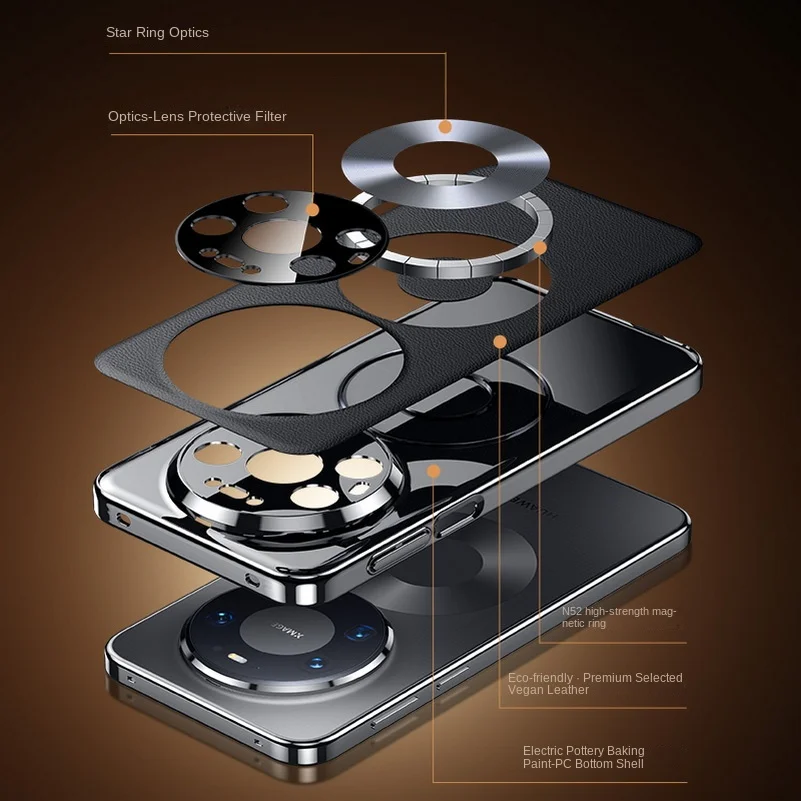 Luxury Vegan Leather Case with Double Ring Magnetic Lens Protection Cover