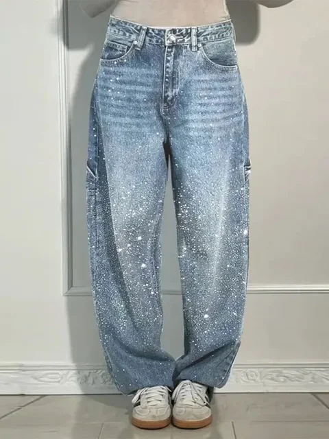 Shiny Rhinestone Baggy Women's Wide Leg Jeans Full Diamond Wide Leg Dragging Denim Pants Vintage Washed Pants Casual Trousers 1