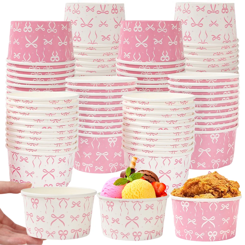 Rosa Schleifen-Papierschalen Einweg-Eisbecher Dessert-Papierbecher Geburtstagsparty-Zubehör Rosa Schleifen-Thema Babyparty-Dekoration