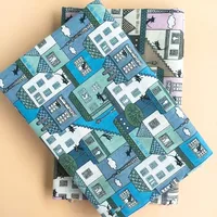 Cat And House Pattern Printed Cotton Linen Canvas Fabric For Sewing Retro Apparel Textile Decoration DIY Craft Cloth Accessories