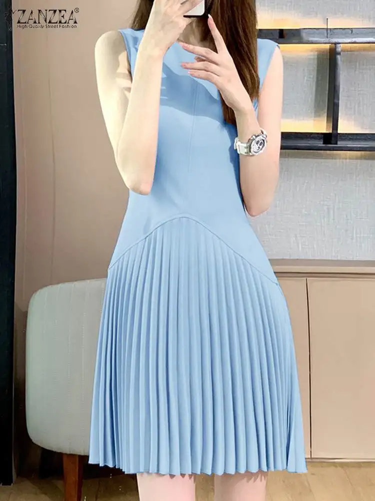

ZANZEA Sleeveless Office Wear Mini Dress Stylish Pleated Hem Women Korean Fashion Sundress Elegant 2024 Summer Solid Short Dress