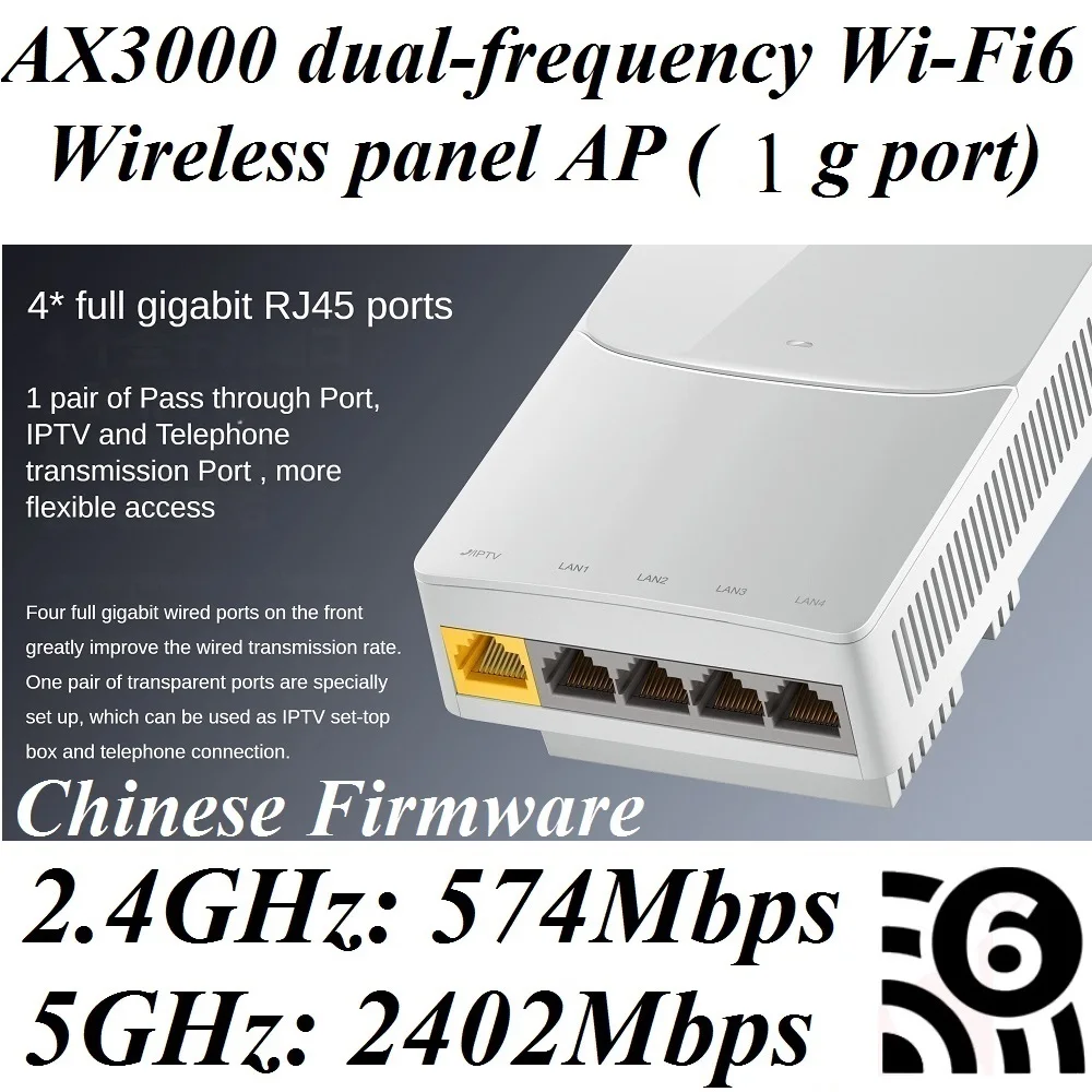 

5*1000M RJ45 Port 3000Mbps in Wall AP WiFi6 Indoor AP 802.11AX WiFi 6 Access Point 2.4GHz 574Mbps 5GHz 2402Mbps PoE Power Supply