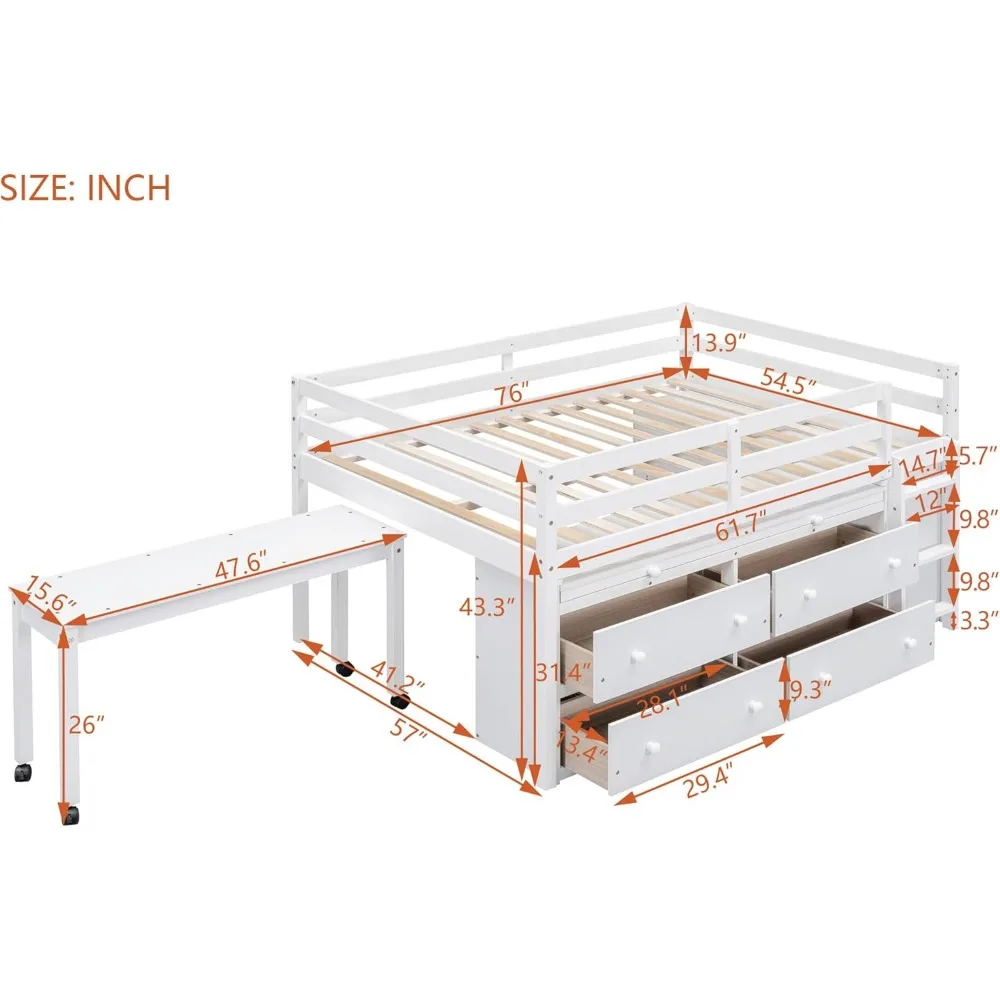 Full size Low Loft Bed with Storage, Full Size Loft Bed with Portable Desk & 4 Drawers, Wood Full Loft Bed Frame with Shelves 3