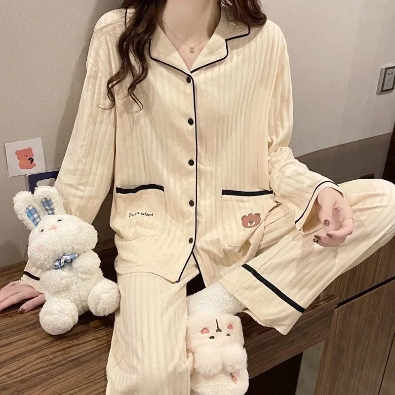 

Cartoon Pajama Sets for Women Korean Lapel Sleepwear Autumn Winter Pijamas Cute Clothes Pyjamas 2 Pcs Pants Set Loungewear Suit