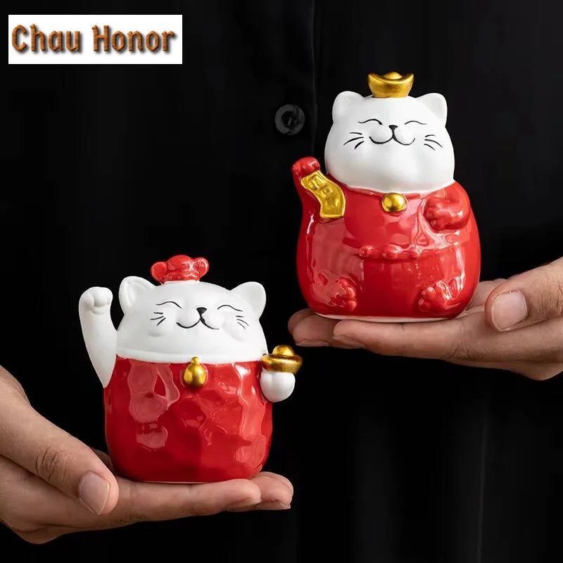 Boutique Cute Lucky Kitten Sculpture Ceramic Tea Pet Handmade Household Living Room Office Decoration Accessories Birthday Gift