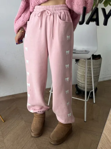 High Waist Elastic  Knot Print Sports Casual Pants Women Loose Fce Straight Leg Tied Cuffed Trendy Trousers