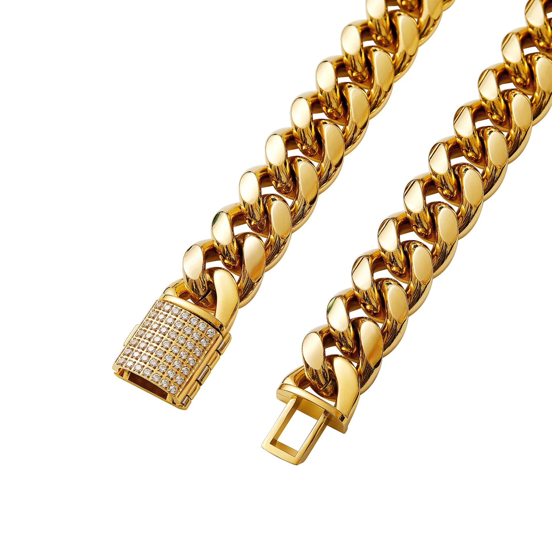 

New Crystal Buckle Stainless Steel 18K Gold Hip Hop Miami Cuban Link Chain 10/12/14mm Mens Womens Necklace Or Bracelet 7-40inch
