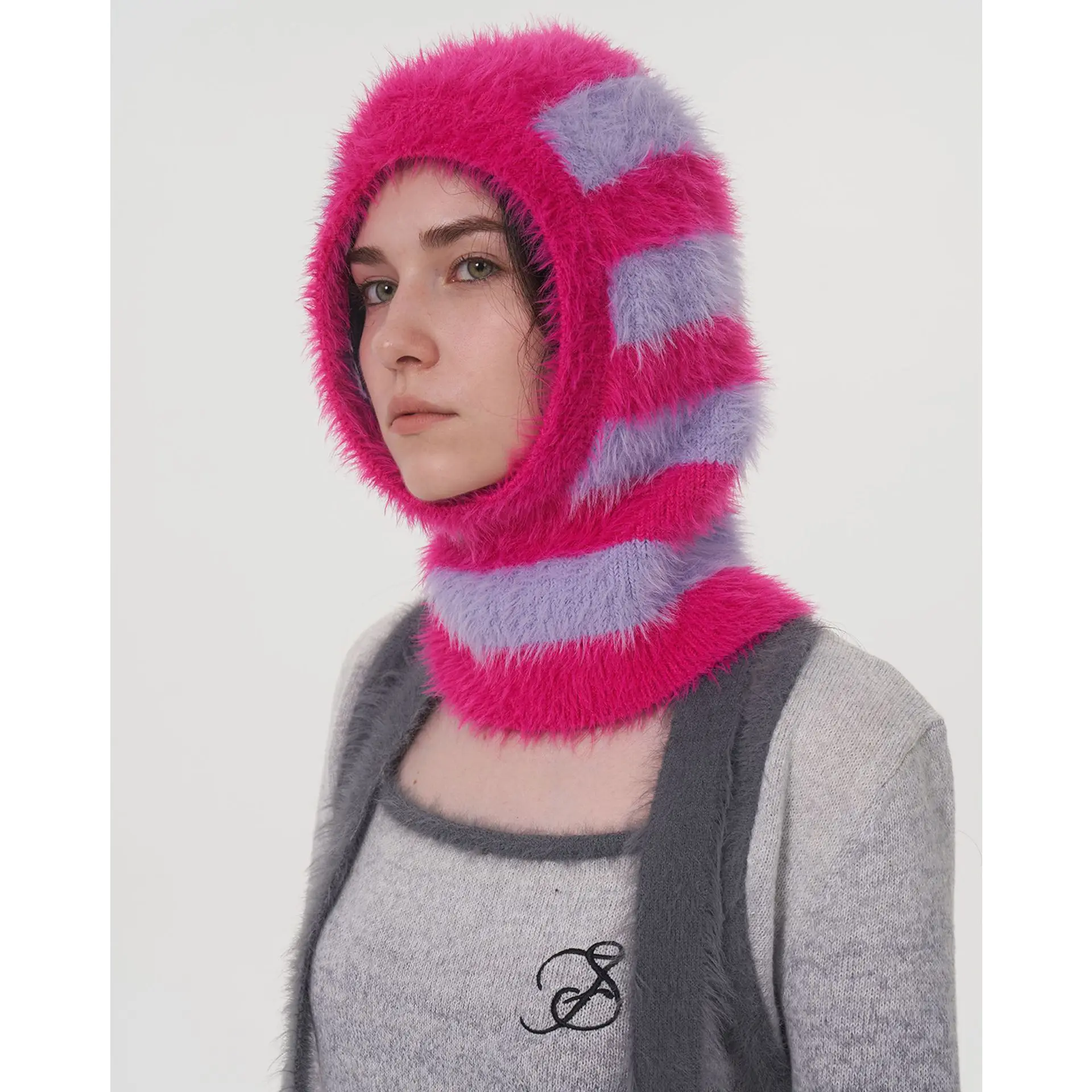 Women Winter Beanie Hats One-Piece Knit Balaclavas Stripes Imitation Mink Velvet Hats Scarf Hat 2