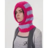 Women Winter Beanie Hats One-Piece Knit Balaclavas Stripes Imitation Mink Velvet Hats Scarf Hat 2
