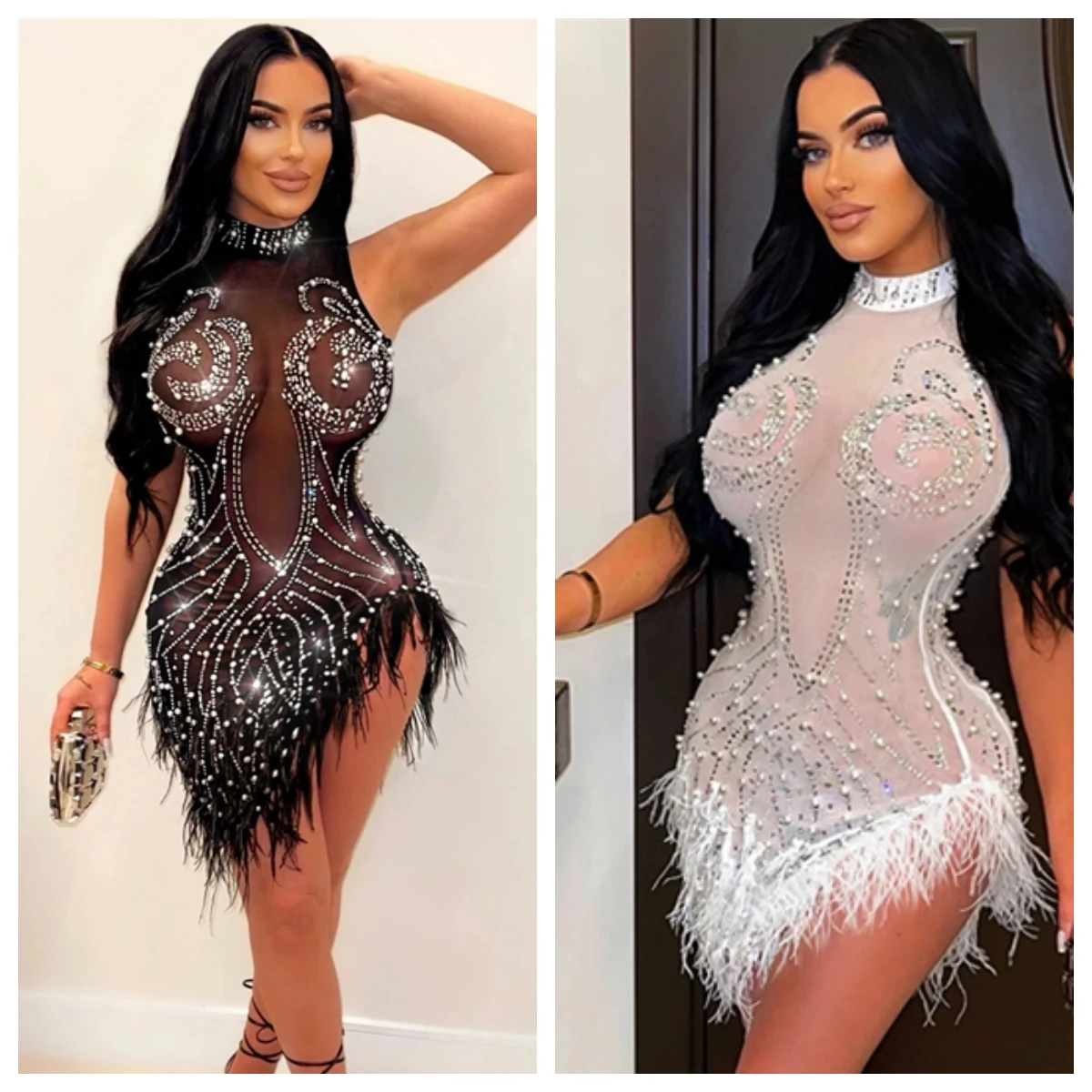 

Feathers Hem Diamonds Sheer Mesh Bodycon Mini Party Dress Women Sexy Sleeveless See Through Bodycon Asymmetrical Club Vestidos