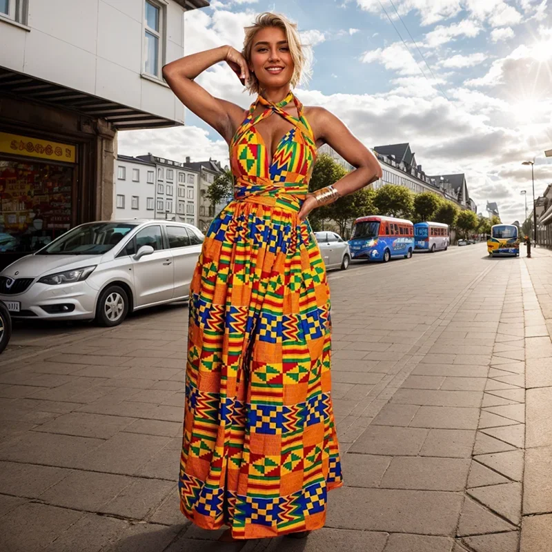 Vestido Sexy sin mangas para mujer, moda con espalda descubierta, estampado nacional africano, vestidos de fiesta para mujer, vestido largo informal Vintage, ropa africana 1