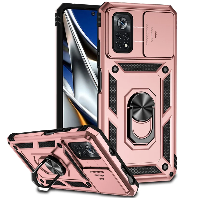 Enhanced Armor Case with Slide Window Lens Protector and Magnetic Holder Ring for Xiaomi Poco X4 Pro 5G