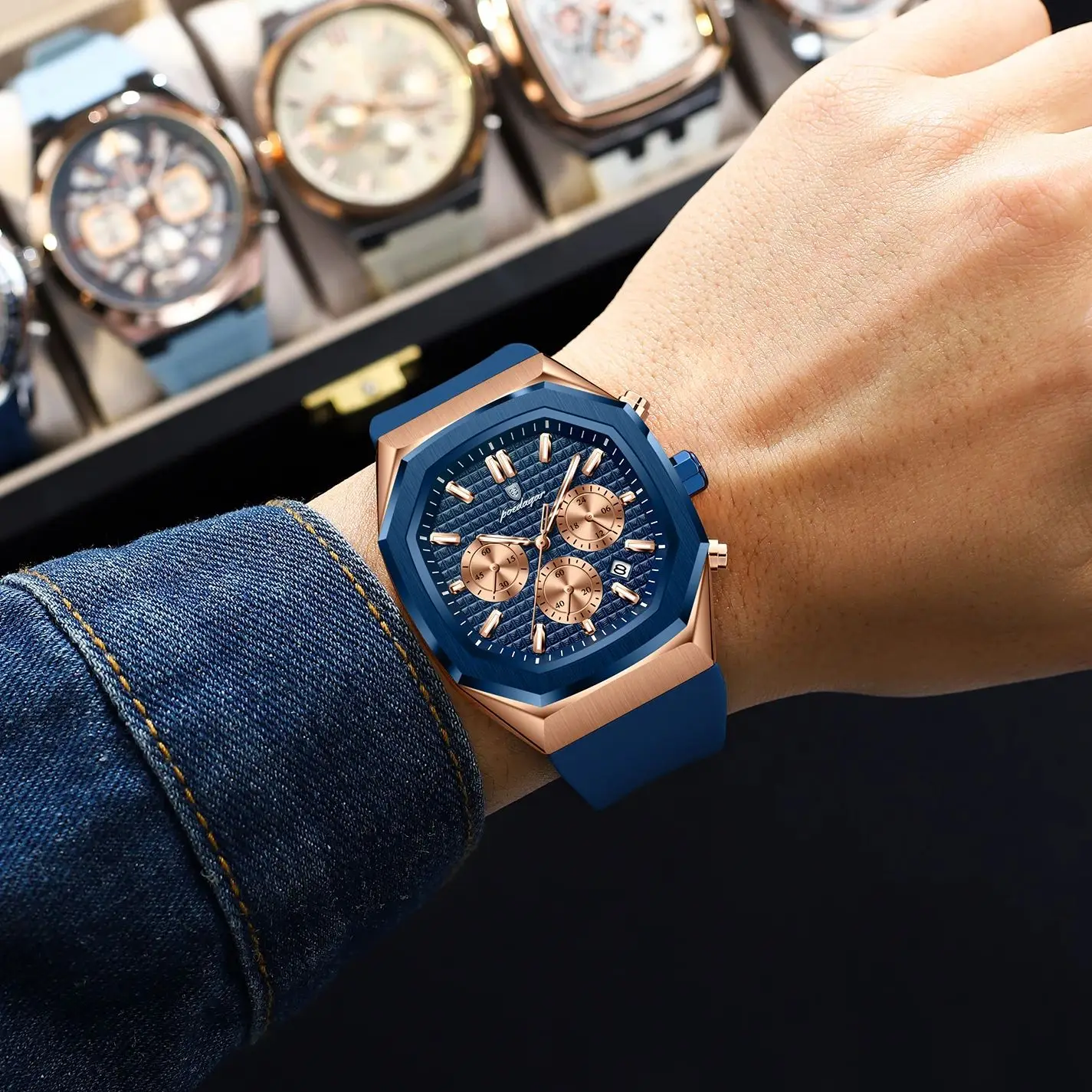 Relógio masculino fashion com cronógrafo, data, pulseira de silicone, relógio de pulso masculino à prova d'água, relógios de quartzo luminosos para homens + caixa de presente_voghion.com