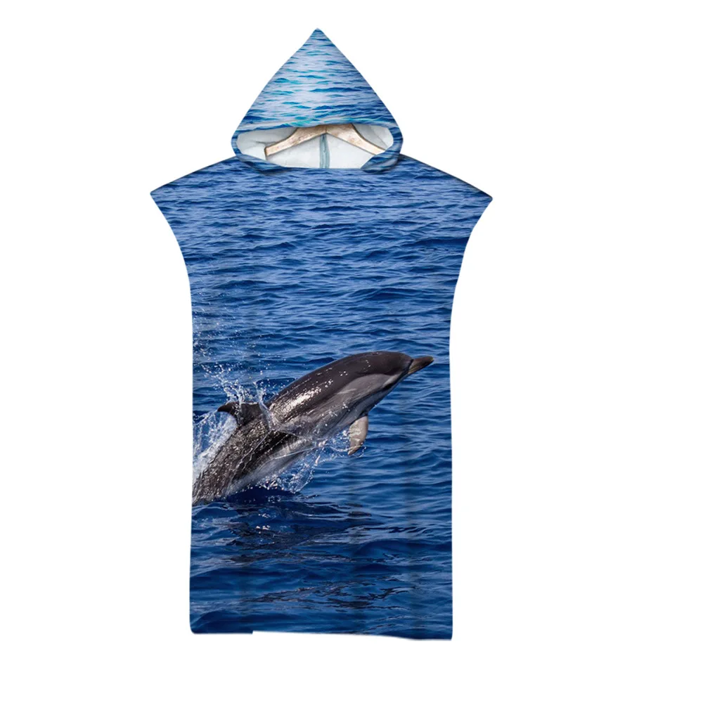 New Customizable Microfiber Bath Towel Hooded Surf Beach Swimwear 3D Dolphin Ocean Printed Swimsuit Poncho Travel Robe
