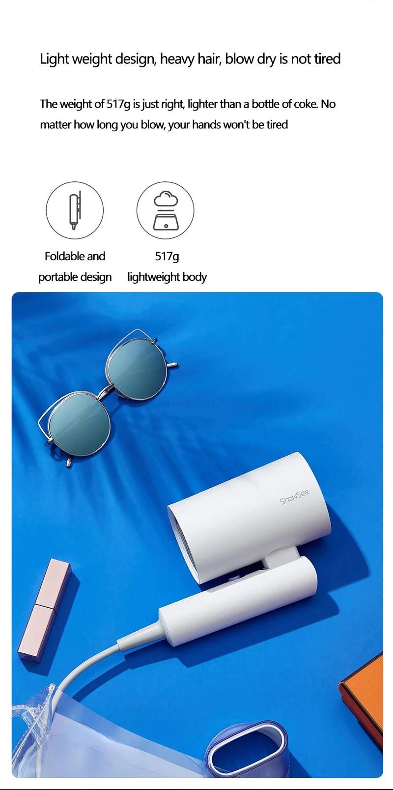 Secador de Cabelo Cuidados com os Cabelos Xiaomi Youpin Showsee Negativo 1800w Secagem Rápida Portátil Difusor Ionic Dobrável a4 Íon 6 Computers & Electronics