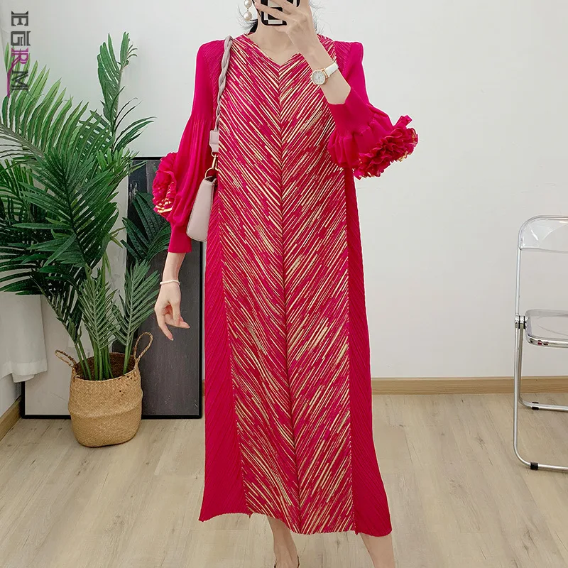 

EGRM Fashion Designer Pleated Dress Floral Sleeves Spliced Loose Long Dresses 2024 Spring New Elegant Women's Clothing 2DA4163
