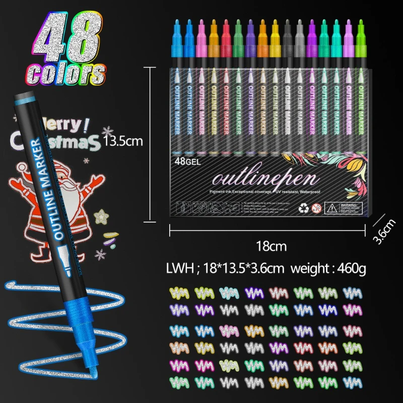 8/12/24/36/48 색상 이중 라인 윤곽선 펜 세트 손으로 그린 ??장식 그림 포스터 디자인을위한 2 색 일치