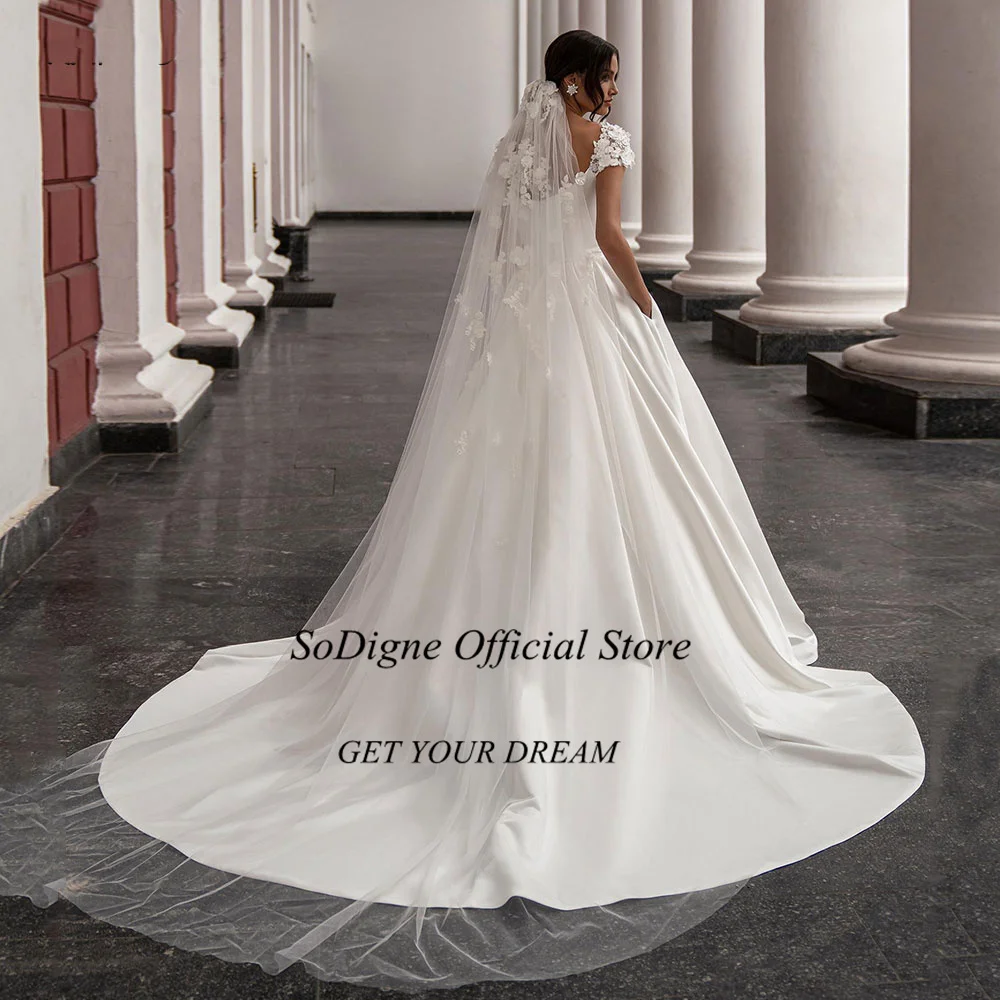 SoDigne Satin Wedding Dress For Women Elegant Cap Sleeves Scoop Neck Flowers Women A-Line Bridal Gown With Pockets Customized 13 S3eafe62d871041d7b1fd07522b3b82a1D
