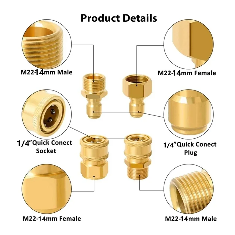 Brass M22-14mm/15mm to 1/4 Inch Pressure Washer Adapter Set Quick connection Disconnect for Power Washer Hose Pump 5000 PSI