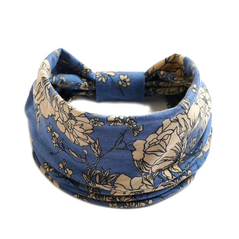 Neue Boho Blumen druck breite Stirnbänder Vintage Knoten elastische Turban Kopf wickel für Frauen Mädchen Baumwolle weiche Bandana Haarschmuck – Detail 10