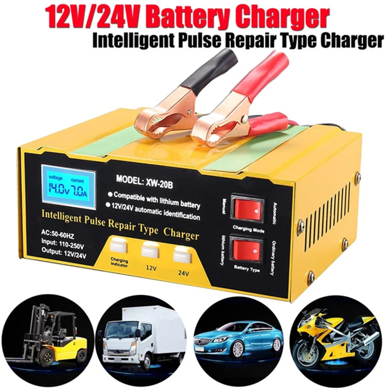 

12V/24V Car Battery Tester Charger Intelligent Pulse Repair Charger Digital Display for Car Auto Motorcycle Battery EU UK Plug
