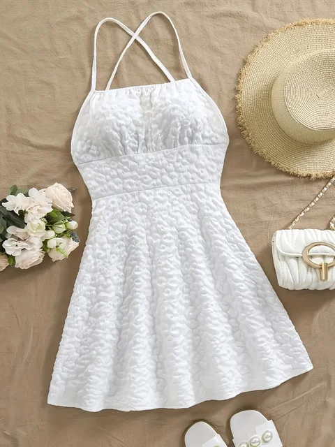 Plus Size Women's White Textured Cross-Back Sundress Ruffled Mini Dress Summer Vacation Casual Dress (0XL-4XL)