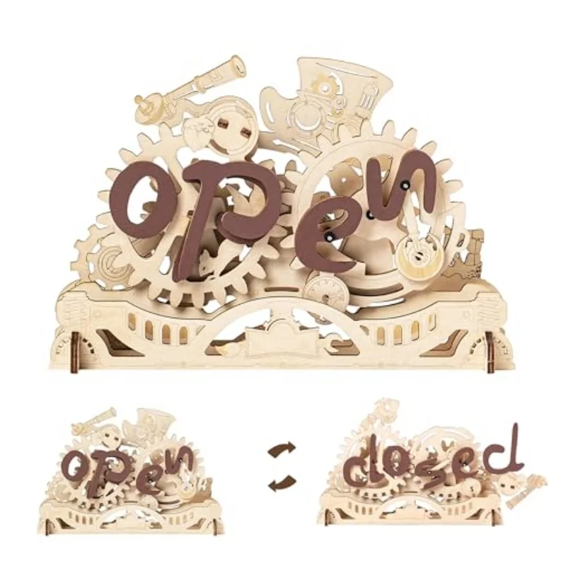 Kit Modello 3D in Legno Robotime, Insegna Aperta/Chiusa Meccanica, Puzzle in Legno, Regalo Creativo per Aziende e Negozi, per Adulti
