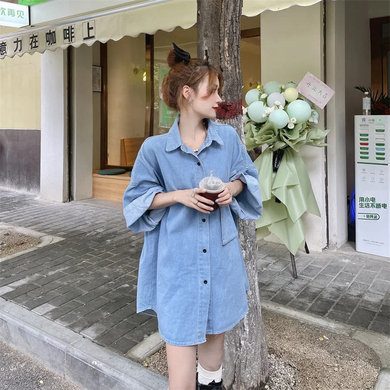 2023 Spring New Korean Fashion Simple Loose Mid-length Vintage Classics All-match Short Sleeves Denim Shirt For Women Tops Z166