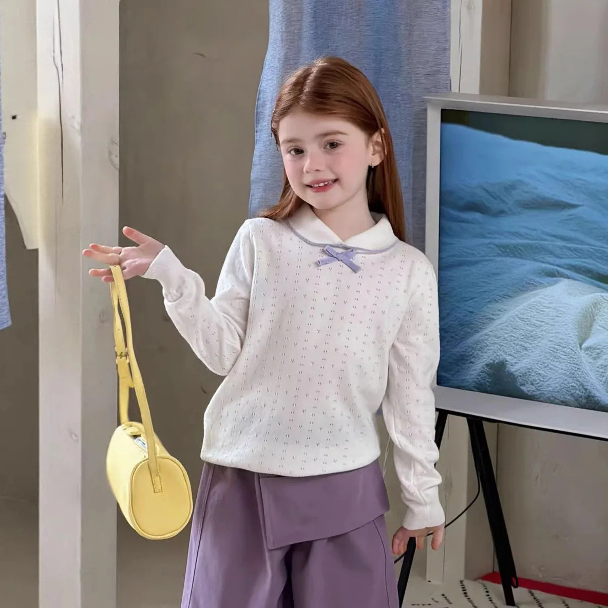 2026 신상 여아 리본 긴팔 티셔츠 여름 아동 패셔너블하고 스타일리쉬한 여아 니트 홀터넥 상의
