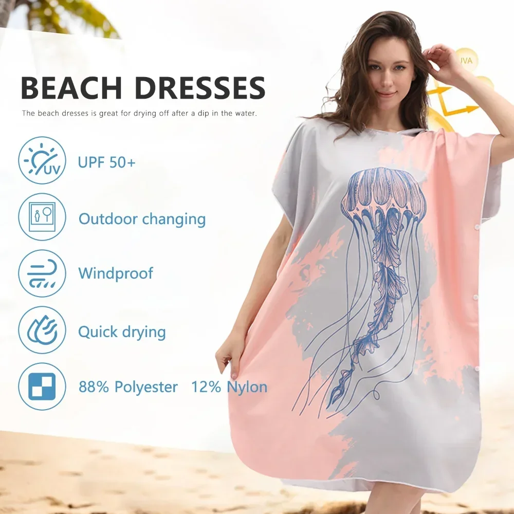 80*100cm Quick Dry Printed Cloak Microfiber Suede Wearable Adult Surf Changing Robe Poncho Hooded Beach Towel for Women