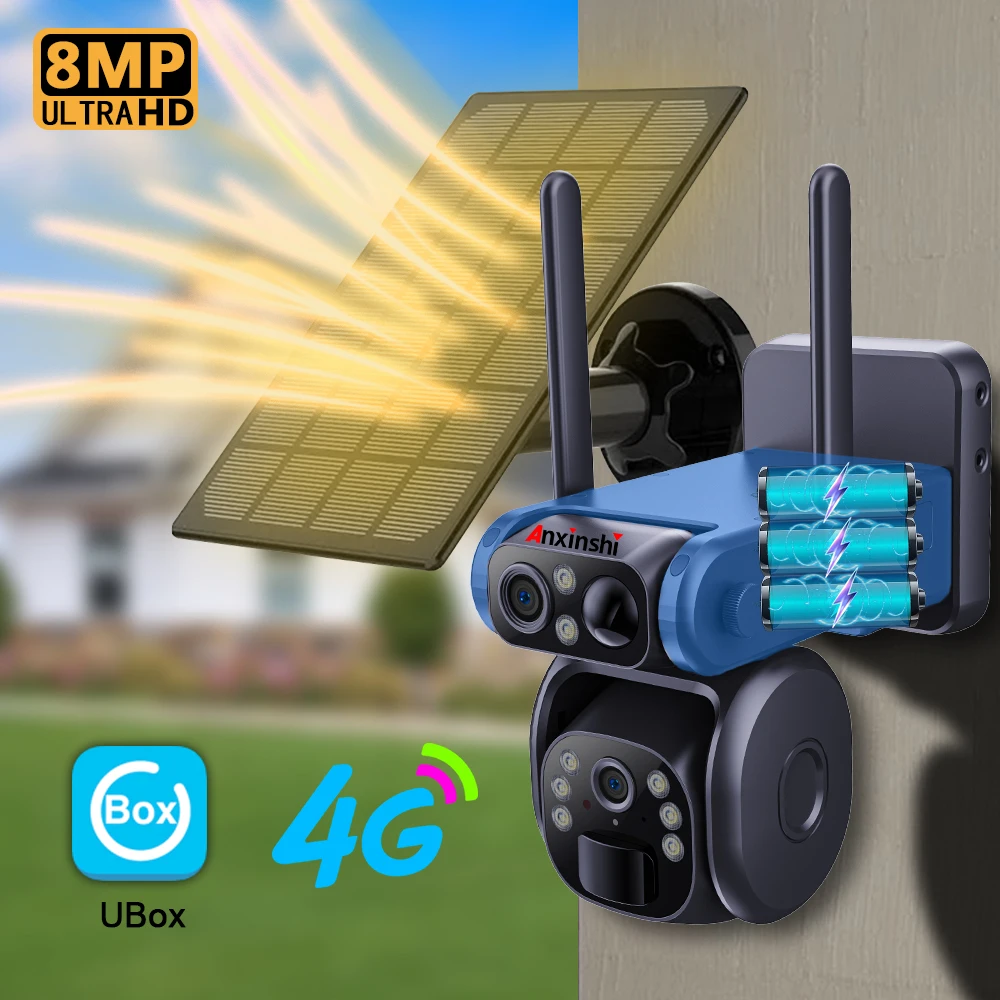 안신시 브랜드 유박스 앱 듀얼 렌즈 4G 와이파이 태양광 PTZ 카메라 PIR AI 인체 감지 태양광 배터리 카메라