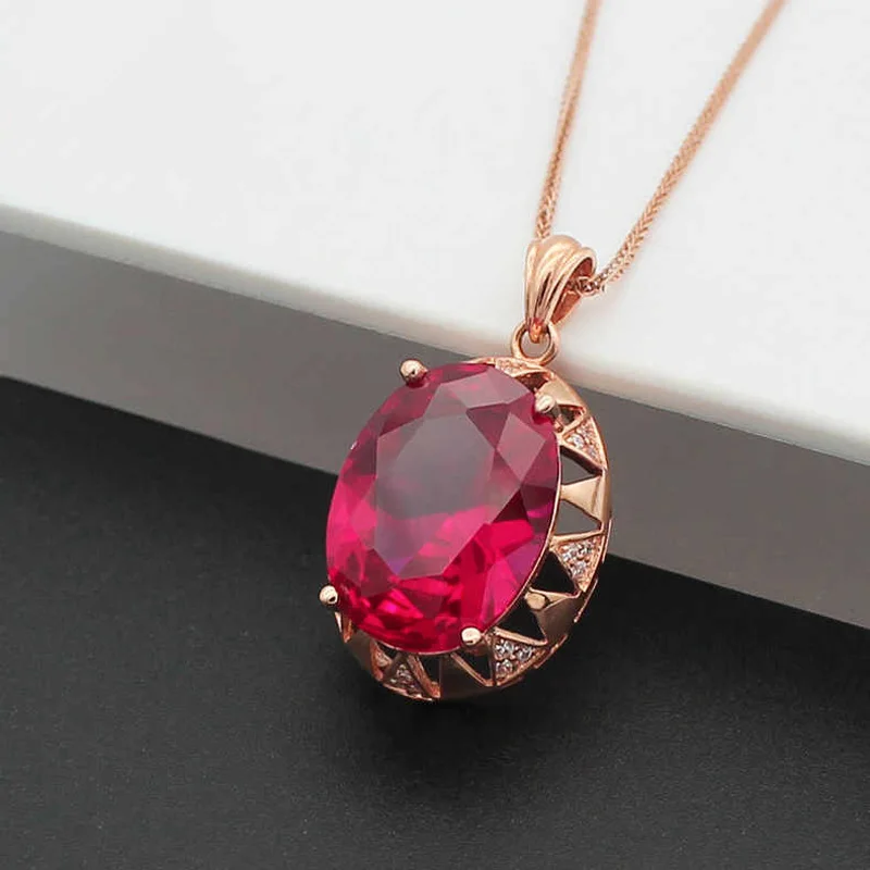 

585 Purple Gold Oval Red Gem Necklaces Pendant New in Luxury Plating 14K Rose Gold Classic Clavicle Chain Jewelry Gift