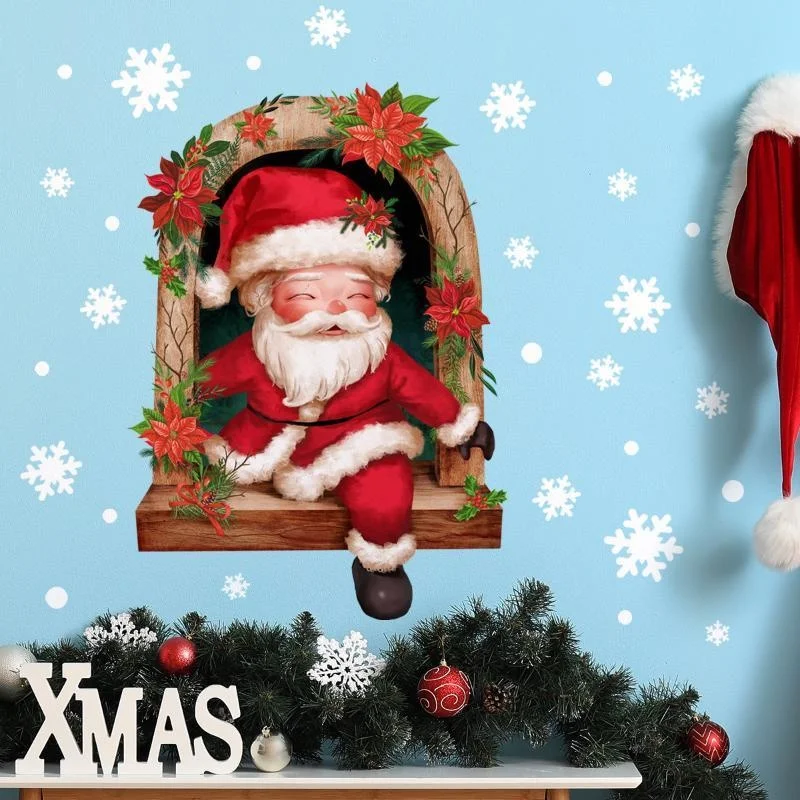 Cartoon Santa Claus Snowflake Decoration Wall Sticker Santa Claus Window Flipping Self-adhesive Wall Sticker Home Decor Sticker