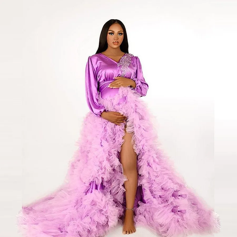 

Light Purple Tulle Dresses Fluffy Tulle Maternity Robes Long Sleeves Tulle Dress For Photo Shoot Baby Shows V Neck Tulle Robes