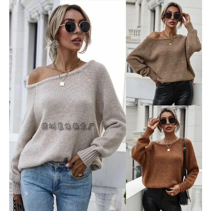 

winter off-the-shoulder pullover, knitted solid color temperament, commuting loose plus-size European and American sweater women