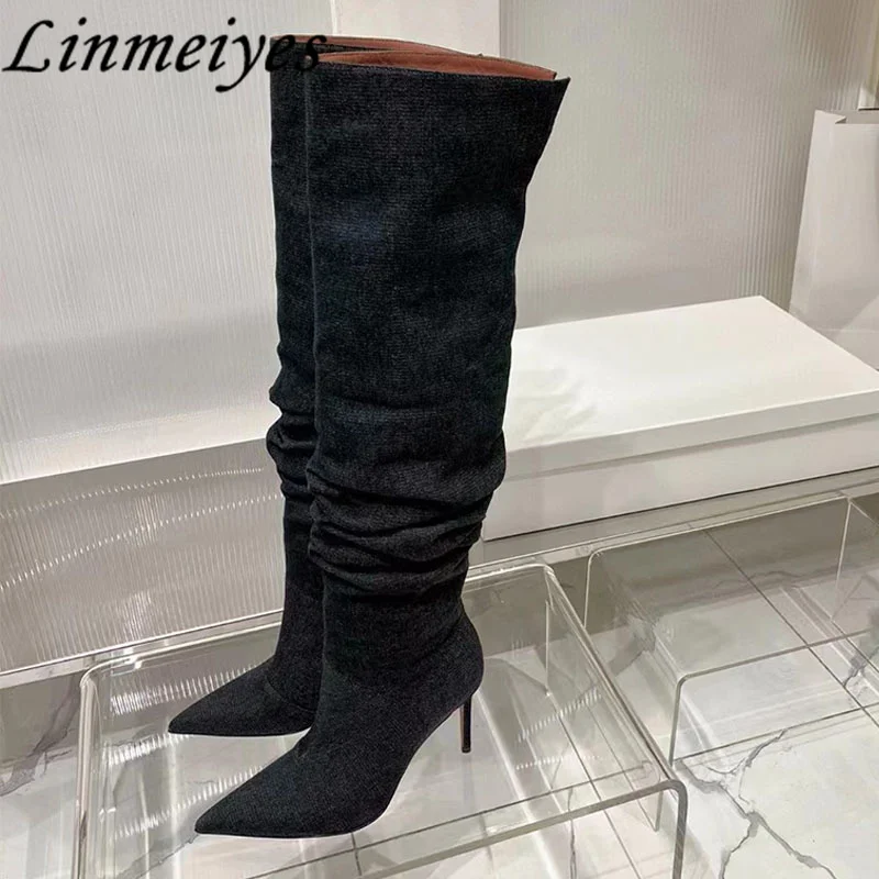 

New Pleated Knee-High Slip-On Boots Women High Quality Denim Stiletto Shoes Female Sexy Pointy Toe Western Cowboy Boot Woman