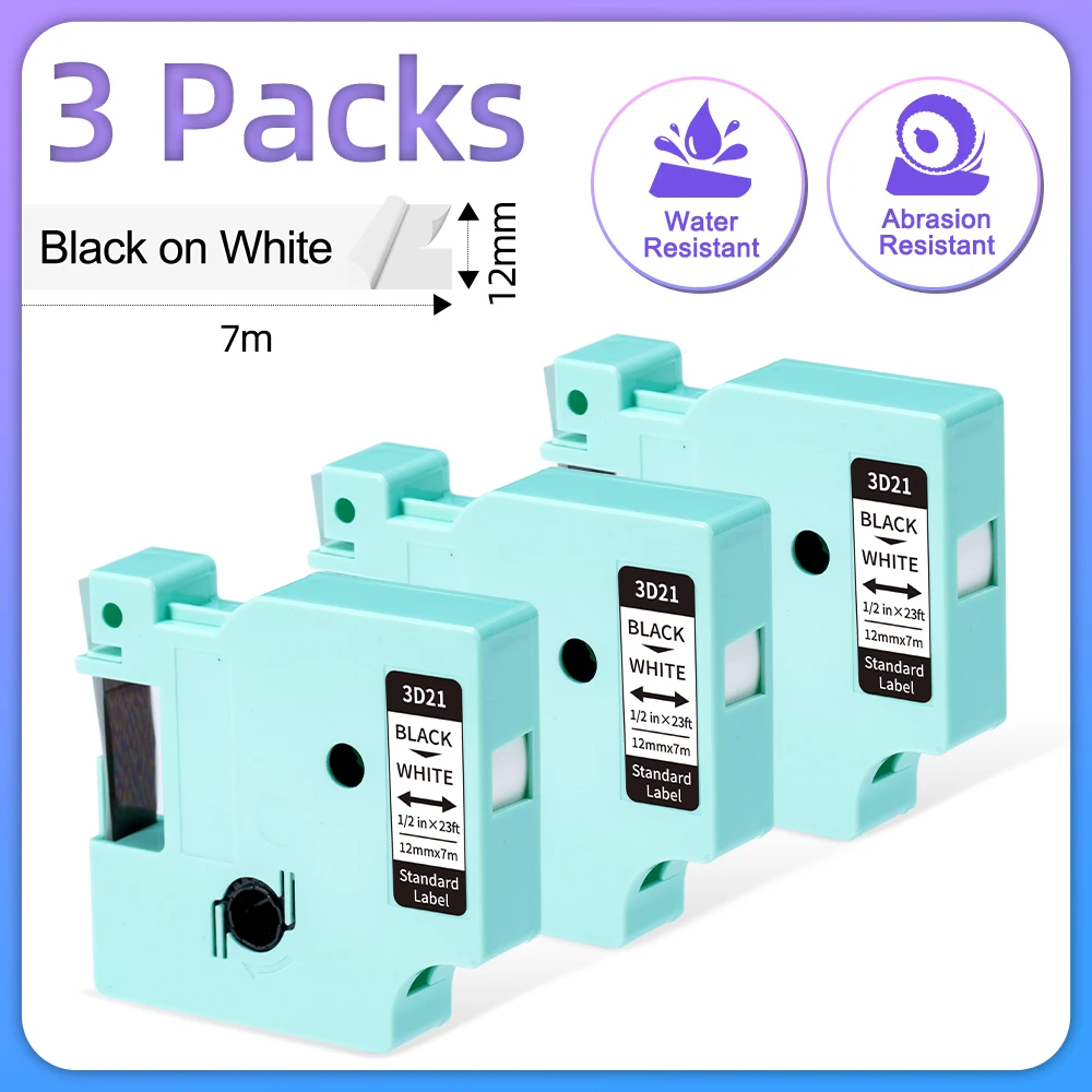 3PK Label Tape 12mm Black on Clear for D1600 Portable Label Maker Clear