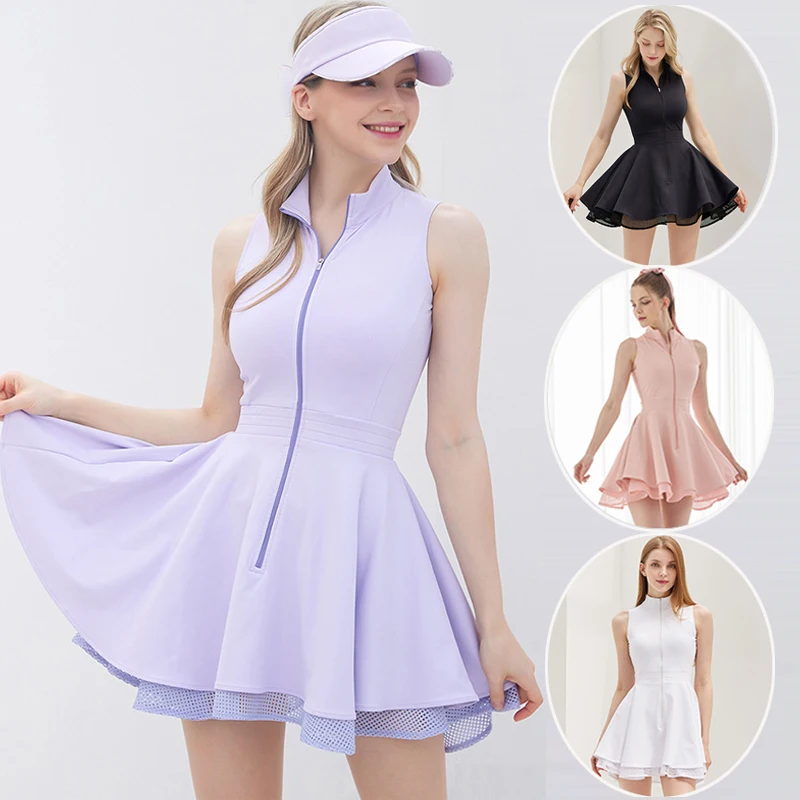 Mode Tennis Golf vêtements dames sans manches dentelle robe de sport séchage rapide demi fermeture éclair robes minces