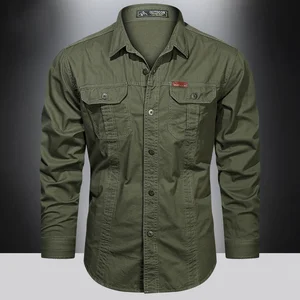 Рубашка мужская с карманами, хлопок, длинный рукав, приталенная, Повседневная брендовая одежда, в стиле милитари, однотонная, 5XL, осень